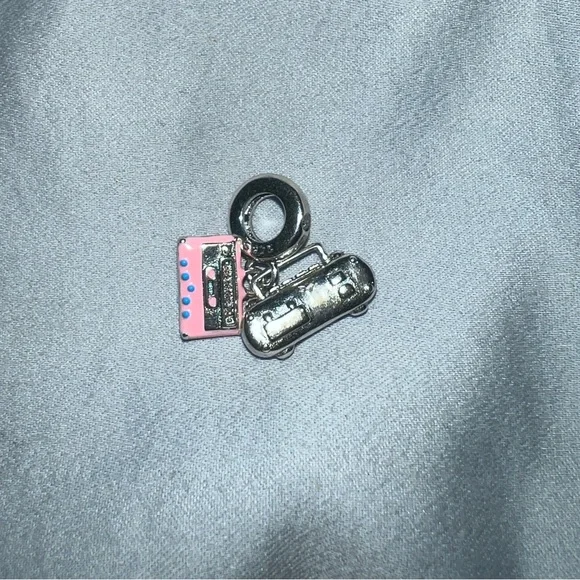 Pink & Silver Cassette Tape & Radio Dangle Charm - Picture 5 of 6
